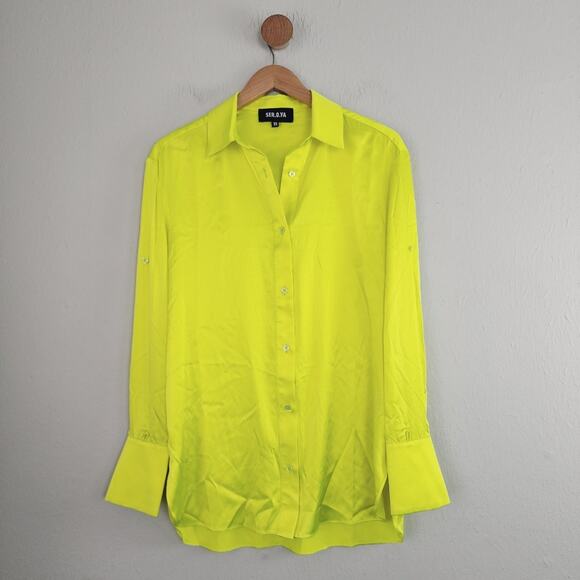 Ser.O.Ya Retrofête Cayne Silk Shirt Neon Lime Yellow Button Down Resort XS NWT - Picture 1 of 12